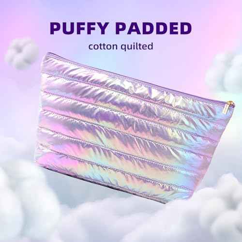 Hiroyuki Iridescent Quilted Makeup Bag, 3pcs Cute Makeup Bag Set, Large Capacity Cosmetic Organizer Travel Toiletry Pouch (plain, purple)