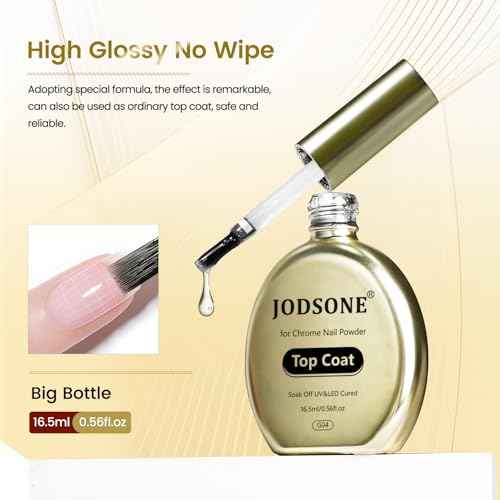 JODSONE Top Coat for Chrome Nail Powder - 16.5ml No Wipe Gel Top Coat for Rubbing Mirror/Chrome Nail Powders, Smooth Finish, High Gloss, U V/LED Curing Needed