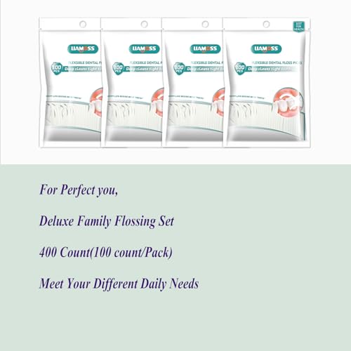 400 Count Dental Floss Picks-Tooth Picks Flossers for Adults-LIAMOSS No Break& No Shred Floss Sticks-Family Best Dental Oral Care Set(Pack of 4)