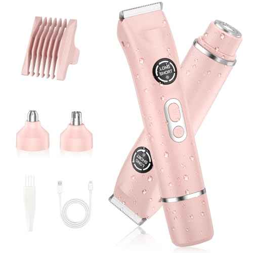 4-in-1 Bikini Trimmer for Women, Dual Head Electric Razors Shaver | Painless Bikini, Body & Facial Hair Remover | IPX7 Waterproof for Wet/Dry Use | Includes Nose & Eyebrow Trimmer Heads(Pink)
