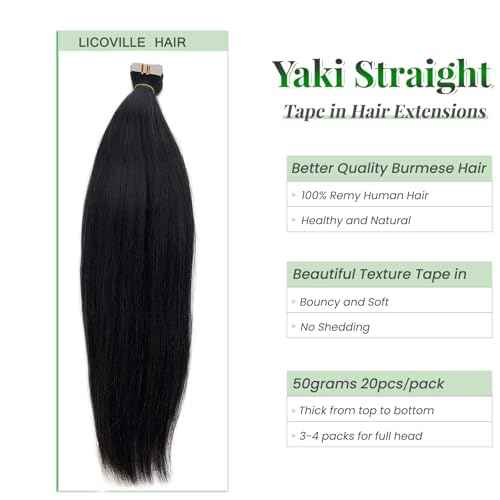Tape in Hair Extensions Yaki Straight Real Human Hair Tape in Extensions - 24 Inch Long Straight Natural Color Human Hair Extensions Light Yaki Tape ins for Black Women