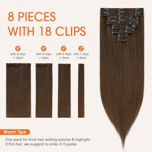 TESS Seamless Clip in Hair Extensions Human Hair Remy Clip ins Natural Soft Straight 8pcs 18Clips, 20 Inch, Dark Brown
