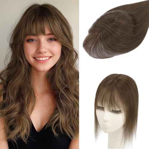 Benehair Hair Toppers for Women Real Human Hair 360¡Æ3D Clip in Bangs Toppers with Bang for Thinning 150% Density Hairpieces Lace Base Long Coverage Wiglet for Daily Use #02 Dark Brown 12Inch