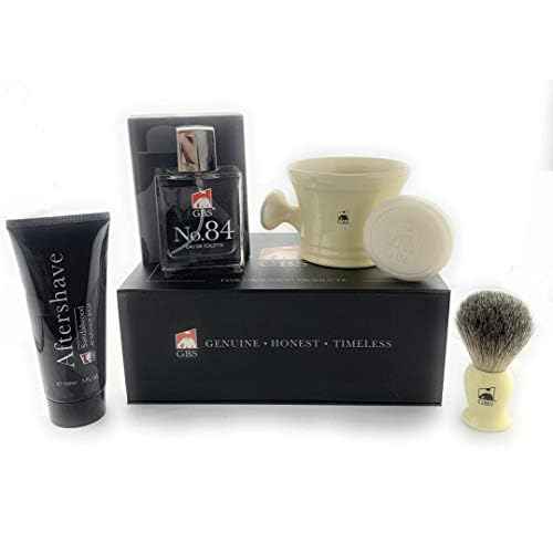 G.B.S Men's Shaving Set - No.84 Cologne, Ivory Handle Badger Bristle Shaving Brush, Ivory Shave Mug with Aftershave Natural Shaving Soap