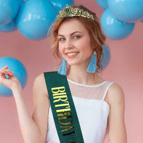 COCIDE Birthday Sash for Women Happy Birthday Crown Tiaras for Women Queen Princess Headband for Party Decoration Girl Green and Gold Sahes Hair Accessories Favors Gift