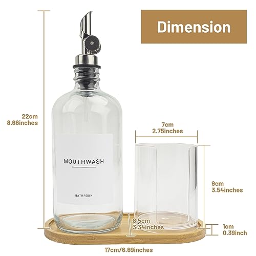 480ml/16.23 Oz Glass Pump Dispenser for Mouthwash With Disposable Cups Holder, Pour Spout Refillable Clear Container, Bamboo Tray, and Labels