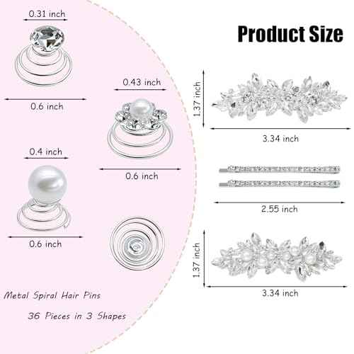 40 Pieces Rhinesetones Hair Clips, Include 4 Piece Crystal Hair Pins and 36 Pieces Spiral Hair Gems, Swirl Diamond Pearl Hairpins Flower Sparkling Hair Accessories for Wedding,brides, Party, Prom