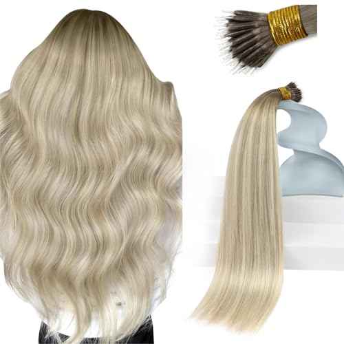 Sunny Hair Nano Hair Extensions Human Hair Ash Blonde Ombre Platinum Blonde Nano Tip Hair Extensions Real Human Hair 24inch Nano Bead for Wedding 50g