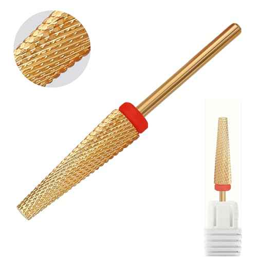 Super Long 5 in 1 Nail Drill Bits, Professional 3/32'' Carbide Tungsten Two Way Rotary Advanced Safety Bits, Fast Remove for Manicure Pedicure Cuticle Acrylic Nails (Gold, Fine-F)