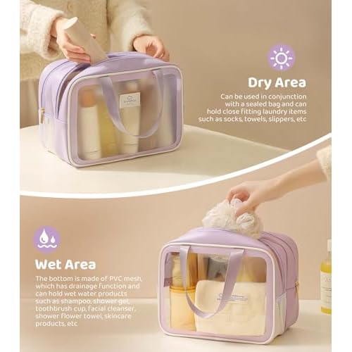 Large Travel Toiletry Bag with Dry Wet Separation? Waterproof Wash Bag for Women, Clear & Matte shower bag for Gym, Overnight, Swimming, and Business Trips