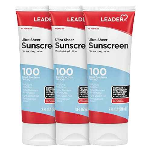 LEADER Travel Sunscreen SPF 100+, Ultra Sheer Dry-Touch Water Resistant and Non-Greasy Lotion with Broad Spectrum SPF 100+, 3 Fl Oz (3 Pack)