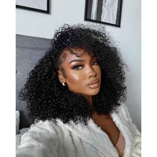 Kinky Curly Half Wig Human Hair Wear Go Glueless Wigs 20 Inch Curly 3 In 1 Half Wigs for Black Women Drawstring Seamless Flip Headband Wig Human Hair Beginner Friendly