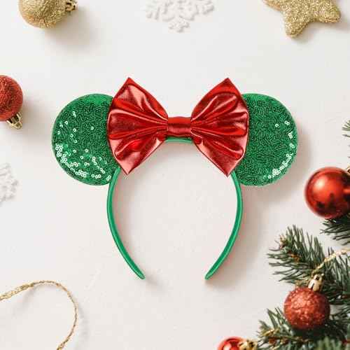 Christmas Mouse Ears Headbands for Women Red Bow Mouse ear Headband Sequin Green Hairbands Birthdays Party Hair Accessories
