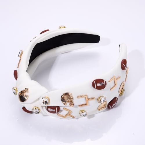 Football Headband for Women Football Accessories Beaded Football Rhinestone Crystal Knotted Headband Jeweled Embellished Game Day Top Knot Headband Football Mom Hair Accessories (A-White Football)