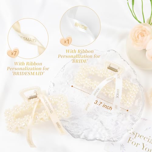 DEEKA Bridesmaid Gifts Set of 8 Bridesmaid Proposal Gift Pearl Bride Hair Clips with Ribbon Large Hair Clips Bachelorette Party Favors Bridal Party Present Gifts (Rectangle White&Champagne)
