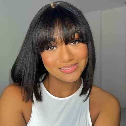 Straight Short Bob Natural Black HD Lace Front Wigs with Baby Hair 13X4 Glueless Human Hair Bangs Pre Plucked with Bleached Knots 180 Density for Black Woman 10 Inch