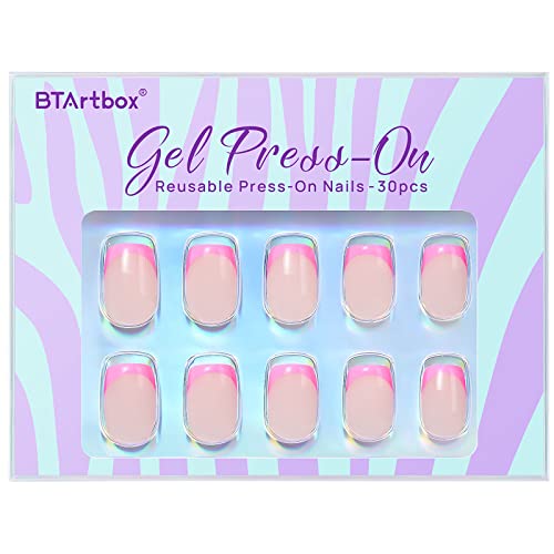 BTArtbox French Tip Press On Nails - Press on Nails Square for Women Gifts, Pink Glue On Nails, Fit Perfectly & Natural Reusable Stick On Nails in 15 Sizes, 30 Pcs Soft Gel Kit, Dolce Pink