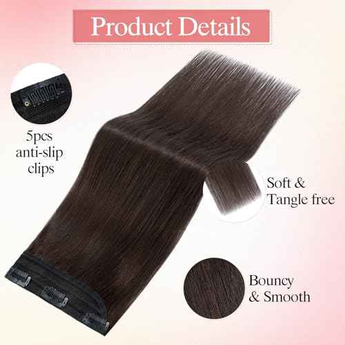 SEGO One Piece Clip in Extensions, 5 Clips Real Human Hair Extensions, Long Straight, 24 inches, #02 Dark Brown