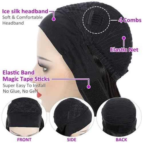 Long Headband Wig Human Hair Water Wave Headband Wigs for Women Curly Wigs Glueless No Lace Front Wig Brazilian Virgin Human Hair 180% Density Natural Black Color 30Inch