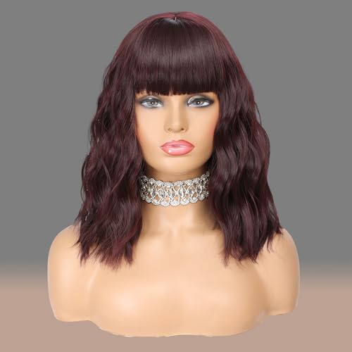 WAVE&BREEZE Short Wavy Ombre Red Wig with Bangs for Women Short Curly Bob Wine Red Hair Wig Synthetic replacement Wigs Costume Cosplay Wig for Daily Wearing(14'' Ombre Red)