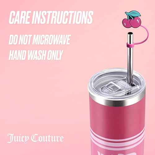 Juicy Couture Glam Slip 24oz Stainless Steel Hydration Tumbler with Straw Topper, Hot Pink Varsity