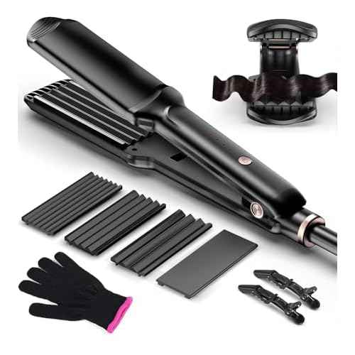 Hair Crimper Waver, Professional Hair Straightener Beach Waves Curling 4 Interchangeable Ceramic Plates, Hair Crimper Auto Temp Control Wide Plate Hairs Straightener & Styling Tool for All HairsTypes