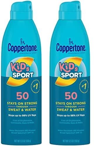 Coppertone SPORT Kids Sunscreen Spray SPF 50, Water Resistant, Continuous Spray Sunscreen for Kids, Broad Spectrum Sunscreen SPF 50, 5.5 Oz Spray (Pack of 2)