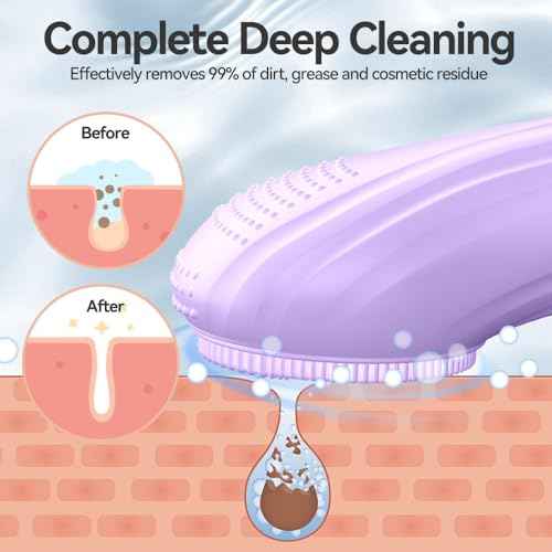 Facial Cleansing Brush, Silicone Face Scrubber with Heat and Vibration 5 Speeds, Waterproof Rechargeable Electric Face Scrub Brush for Men & Women, Deep Cleansing, Exfoliating and Massage (Purple)