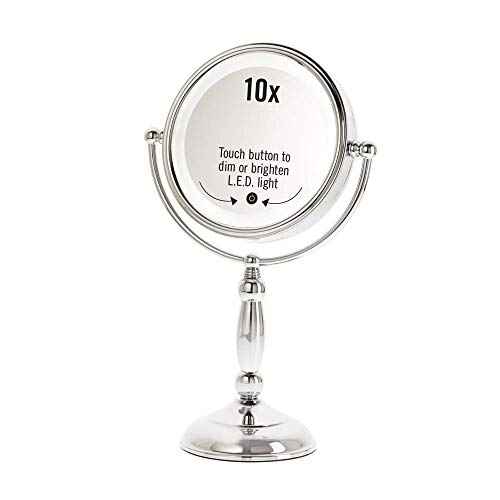 Danielle Creations 8.5-Inch LED Standing Lighted Two-Sided Makeup Mirror With Touch Activation & Dimmer, 10X Magnification