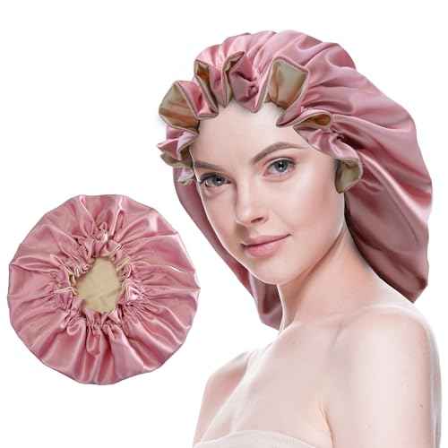 Silk Bonnet for Sleeping Satin Bonnets Double Layer Reversible Hair Cap Bonnet for Women Long Curly Braid Hair (Dusty Pink)