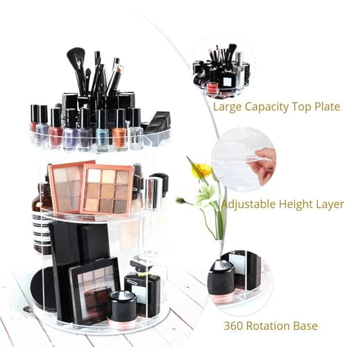 SUNFICON Rotating Makeup Organizer 360 Rotation Cosmetic Storage Holder Crystal Clear Acrylic Makeup Turntable Spin Display Stand Bathroom Bedroom Countertop Vanity Dressing Table Gift Girl Lady Women