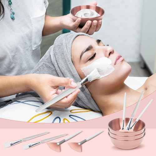 24Pcs Esthetician Supplies for Facials Set - Face Mask Applicator Brushes Tools, 8 Rose Gold Facial Bowls, 8 Fan Mask Brushes, 8 Flat Brushes, Spa Party Favor Esthetician Supplies for Mask DIY