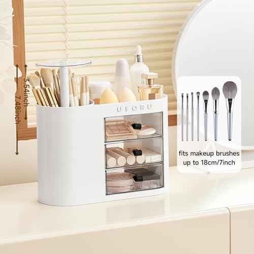 Makeup Organizer with Pop-Up Brush Holder for Dresser Vanity, Plastic Bathroom Counter Organizer with 3 Drawers & Dust-Proof Cover, Cosmetic Display Case for Lipstick, Skincare, White
