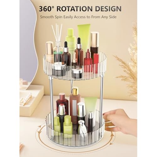 Makeup Organizer,360¡Æ Rotating Makeup Organizer, 2-Tier Round Rotating Skincare Organizer Countertop,Fits Bedroom, Bathroom, Vanity Shelf Countertop(Clear)