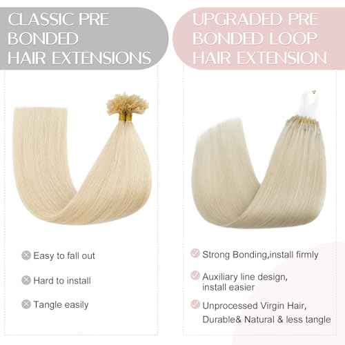 SEGO U Tip Hair Extensions Human Hair, Keratin Bonded & Loop Hair Extensions, K Tip Hot Fusion for Silky Straight Highlights, 1g per Strand, 50 Strands/50g, 18" Platinum blonde