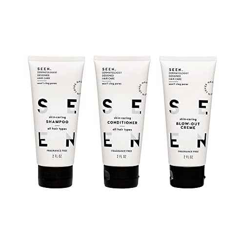 SEEN Travel Trio, Fragrance Free - Non-Comedogenic & Blow-Out Hair Cream, Shampoo & Conditioner Set- Reduces Frizz- Heat Protectant- Safe for Sensitive & Eczema Prone Skin