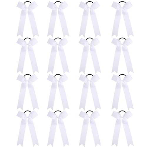 OAOLEER 16pcs Cheer Hair Bows for Cheerleader, College Style Long Tail Skinny Cheer Bow Elastic Hair Tie Bows for Teens Girls Softball Competition Sports Cheerleaders (White)