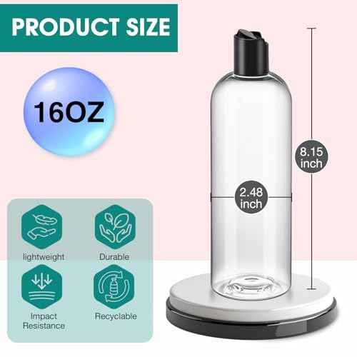 16 oz Clear Plastic Empty Bottles with Black Disc Top Caps, 12 Pcs Squeezable Refillable Shampoo Bottles Travel Cosmetic Containers for Lotions, Body Soap Cream