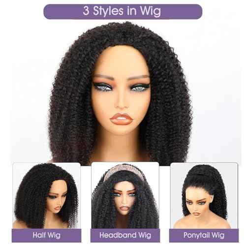 OQ Hair Afro Curly Half Wig Human Hair 180% Density 3 In 1 Beginner Friendly Glueless Wear and Go Kinky Curly Half Human Hair Wig for Women 16 Inch