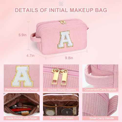 YOOLIFE Purple Travel Makeup Bag - Christmas Gifts for Teen Girl Kids Travel Makeup Bag Organizer Personalized Gifts for Women, Stocking Stuffers for Teen Girls Kids Purple Letter A