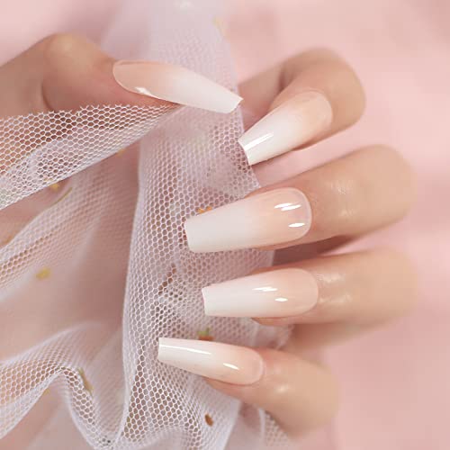 Long Glossy Ombre Pink Nude White French Ballerina Coffin False Nails Gradient Natural Press on Ballet Fake Nails Tips