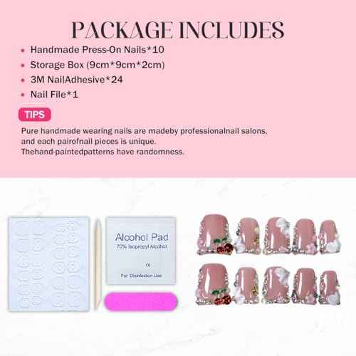 Duck Press on Nails Duck Handmade Press on Nails 3D Luxury Rhinestone Cherry and Pearl Acrylic Fake Nails Designs Flower Stick on Nails Full Cover Thickened False Nails for Women Nail Art DIY£¨M)