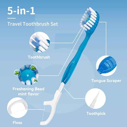 60 Count Disposable Mini Travel Toothbrushes Individually Wrapped, 5-in-1 Pre-Pasted Mini-Brush+Floss+Pick+Tongue Scraper, On The Go Portable Toothbrush with Freshening Bead, Coolmint