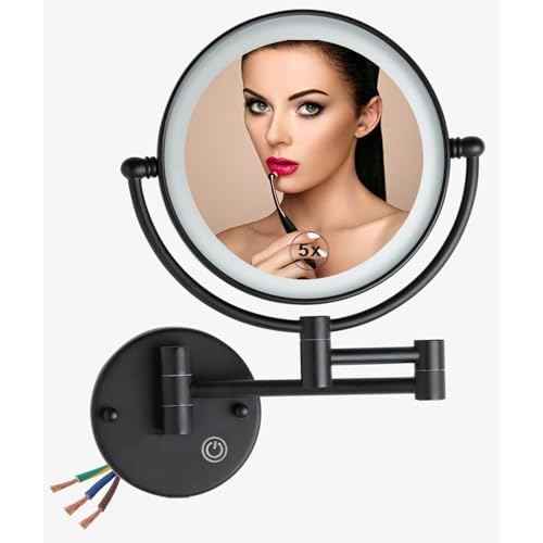 Hard Wired Make up Mirror Magnifying Lighted Black Wall Mounted, 8" 1X/5X Double-Sided 360 Swivel Extendable Arm Bathroom Makeup Mirror Wall Mount, Touch Dimmable, Matt Black
