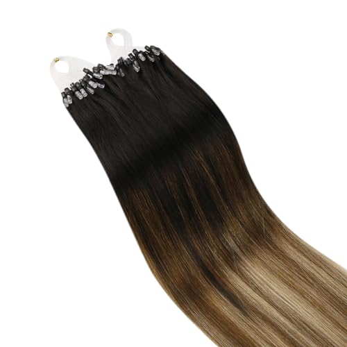 Ugeat Microloop Hair Extensions Real Human Hair Darkest Brown Mix Medium Brown with Golden Blonde Balayage Micro Rings Hair Extensions 14 inch 50S 50G