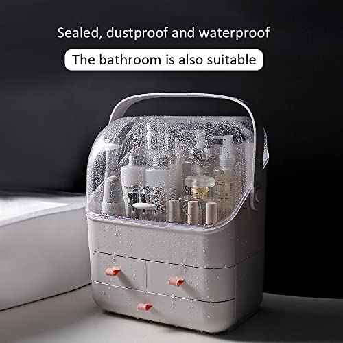 "Makeup Organizer, Dustproof Cosmetic Storage Box with Portable Handle & Fully Open Waterproof Lid for Bathroom Countertop Bedroom Dresser(White)"