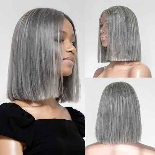 Salt and Pepper Wigs for Women, Wigs Human Hair Glueless Wear and Go Pre Plucked Pre Cut 5x5 Grey Bob Wigs Human Hair 210% Density 12A Brazilian Virgin Hair Lace Front Closure Wig 12 Inch