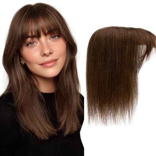 Hair Toppers for Women Real Human Hair 16 Inch Long Straight Toppers for Women with Thinning 7 * 13CM Silk Base Clip in Hairpieces with Bangs (Medium Brown)