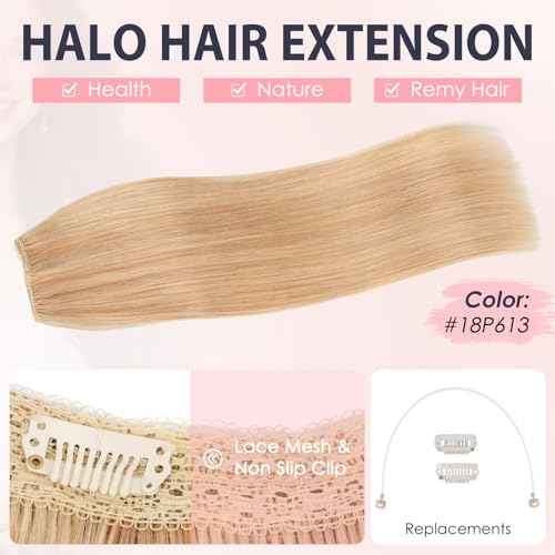 TESS Human Hair Extensions Halo Remy Hair 20 Inch Straight Adjustable Invisible Wire Easy to Use Clip in, Camel mixed Light gold