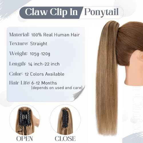 Rich Choices Claw Clip Ponytail Extension Human Hair #4P27 Medium Brown Highlighted Dark Blonde Real Hair Ponytail Balayage 18 Inch Clip In Long Ponytail Hair Extension For Women 110g One Piece